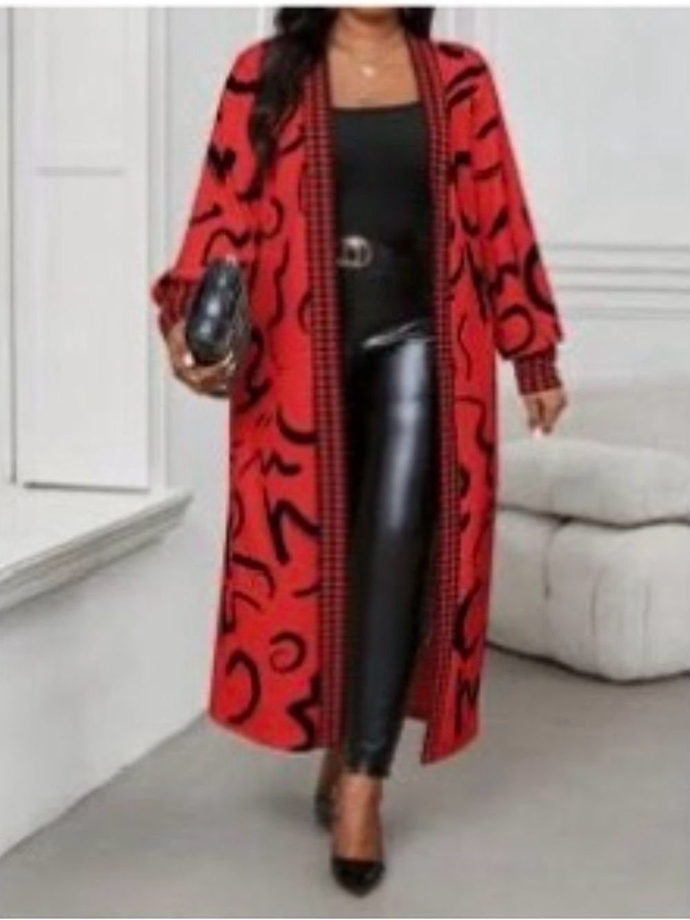 New Arrivals! Red & Black Long Open-Front Women's Cardigan